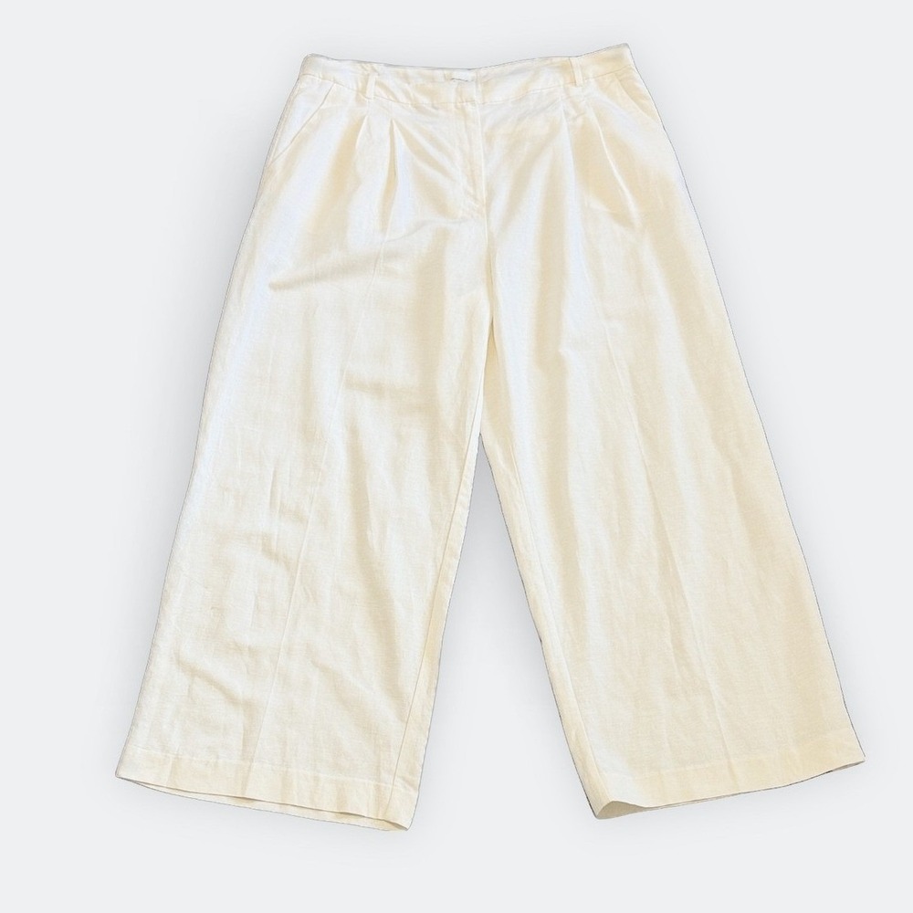 HM Women Off White Linen Blend Wide Leg Pleated Trousers Pants Size 18 NEW